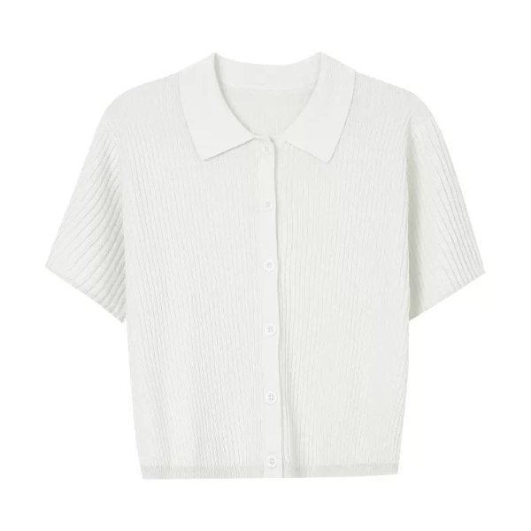 画像7: Women's Polo collar short sleeve cardigan sweater knit 　ポロカラー襟付きカーディガンセータージャケットプルオーバー (7)