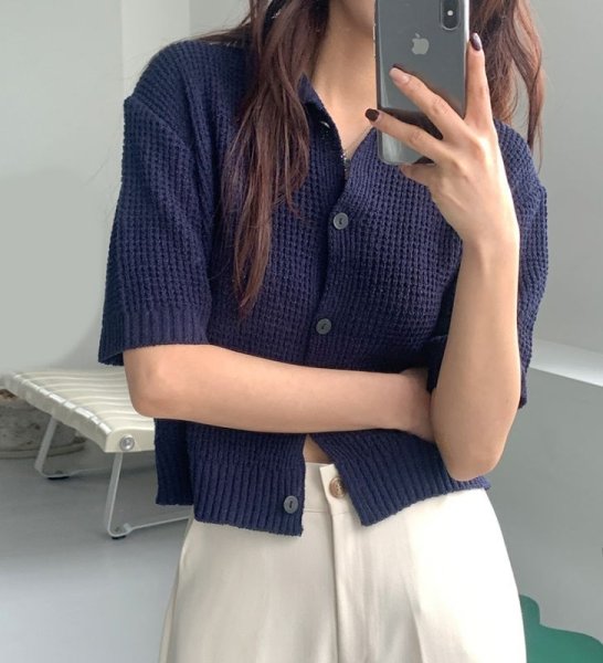 画像6: Women's Polo collar short sleeve cardigan sweater knit 　ポロカラー襟付きカーディガンセータージャケットプルオーバー (6)