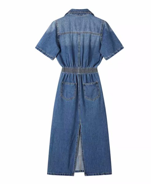 画像11: Women's V-neck high waist short sleeve denim midi dress　　Vネックデニムハイウエスト膝下ミディアム丈ワンピースドレス (11)