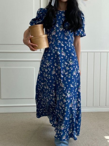 画像3: Women's Floral print puff sleeve long dress　パフスリーブ ロング丈フローラルワンピースマキシ丈ドレス (3)