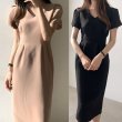 画像1: Women's Puff sleeve tuck knee length mid-calf tight dress　パフスリーブ ひざ下丈ミモレ丈タイトワンピースドレス (1)