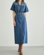 画像1: Women's V-neck high waist short sleeve denim midi dress　　Vネックデニムハイウエスト膝下ミディアム丈ワンピースドレス (1)