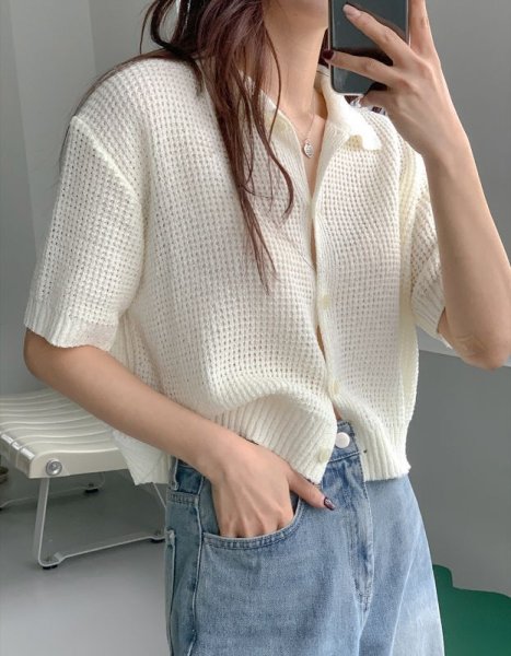 画像2: Women's Polo collar short sleeve cardigan sweater knit 　ポロカラー襟付きカーディガンセータージャケットプルオーバー (2)