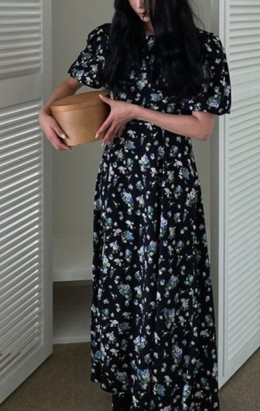 画像2: Women's Floral print puff sleeve long dress　パフスリーブ ロング丈フローラルワンピースマキシ丈ドレス (2)