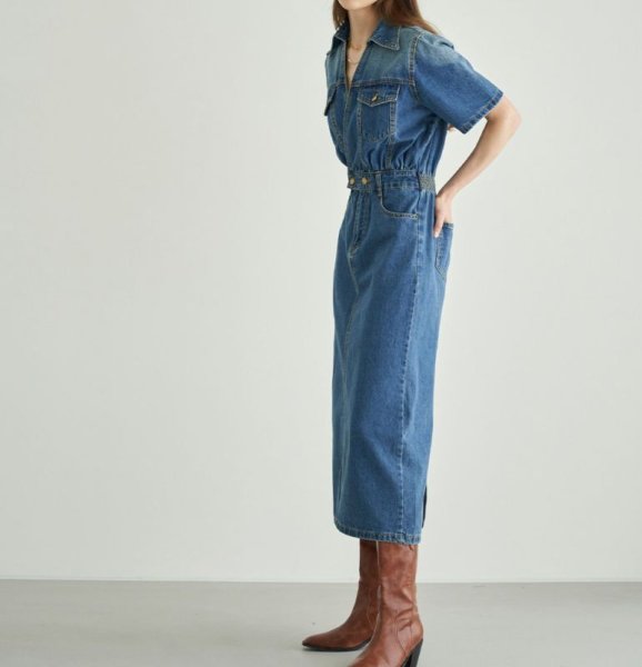 画像3: Women's V-neck high waist short sleeve denim midi dress　　Vネックデニムハイウエスト膝下ミディアム丈ワンピースドレス (3)