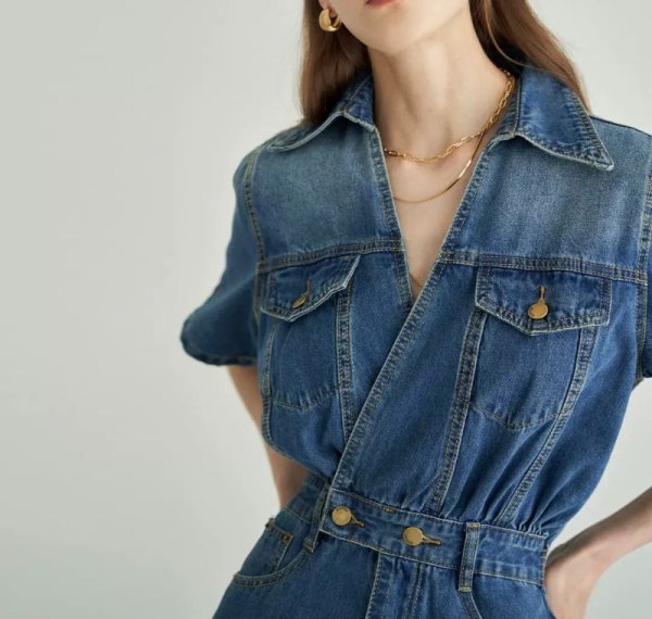 画像9: Women's V-neck high waist short sleeve denim midi dress　　Vネックデニムハイウエスト膝下ミディアム丈ワンピースドレス (9)