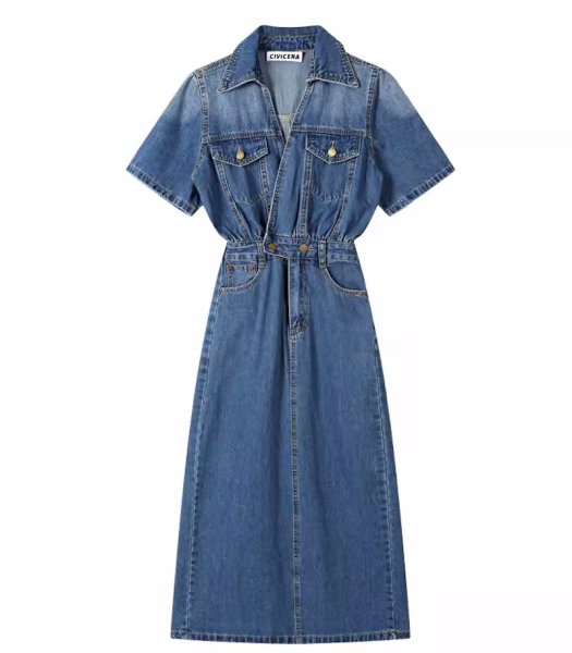 画像10: Women's V-neck high waist short sleeve denim midi dress　　Vネックデニムハイウエスト膝下ミディアム丈ワンピースドレス (10)