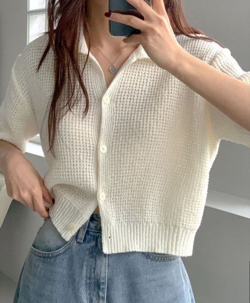 画像5: Women's Polo collar short sleeve cardigan sweater knit 　ポロカラー襟付きカーディガンセータージャケットプルオーバー (5)