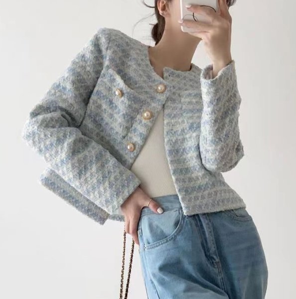 画像4: Women's Short length no-collar tweed jacket outer 　ショート丈ツイードジャケットアウター (4)