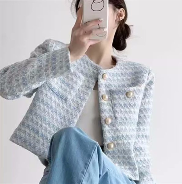 画像2: Women's Short length no-collar tweed jacket outer 　ショート丈ツイードジャケットアウター (2)