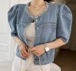 画像3: Women's Puff gathered sleeve pearl denim jacket outer 　パフギャザースリーブパール付き デニムジャケットジャケットアウター (3)