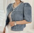 画像4: Women's Puff gathered sleeve pearl denim jacket outer 　パフギャザースリーブパール付き デニムジャケットジャケットアウター (4)