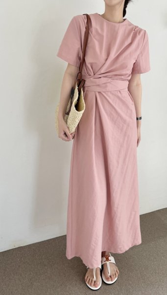 画像5: Women's irregular strap design waist slimming back slit short-sleeved dress　　イレギュラーデザイン膝下ミディアム丈ウエストスリミングワンピースドレス (5)