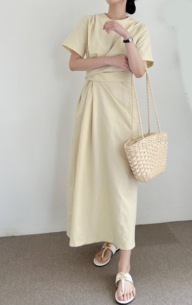 画像8: Women's irregular strap design waist slimming back slit short-sleeved dress　　イレギュラーデザイン膝下ミディアム丈ウエストスリミングワンピースドレス (8)