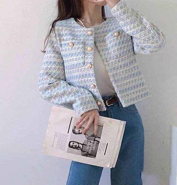 画像3: Women's Short length no-collar tweed jacket outer 　ショート丈ツイードジャケットアウター (3)