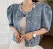 画像2: Women's Puff gathered sleeve pearl denim jacket outer 　パフギャザースリーブパール付き デニムジャケットジャケットアウター (2)