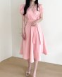 画像2: Women's V-neck strap waist slimming mid-length petal sleeve dress　　Vネックチュリップ袖ウエストストリング膝下ミディアム丈ワンピースドレス (2)