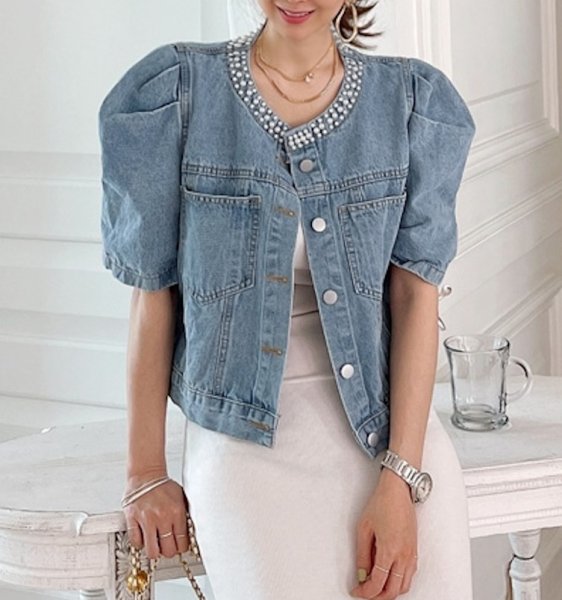 画像1: Women's Puff gathered sleeve pearl denim jacket outer 　パフギャザースリーブパール付き デニムジャケットジャケットアウター (1)