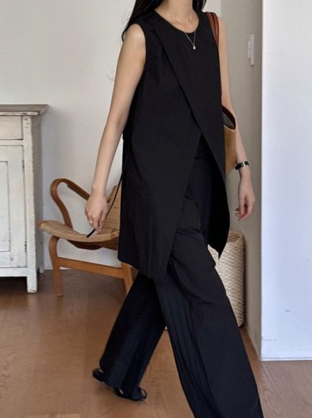 画像2: Women's French design slit vest & high waist wide pants suit  フレンチデザインスリットベスト＆ハイウエストワイドパンツスーツ (2)