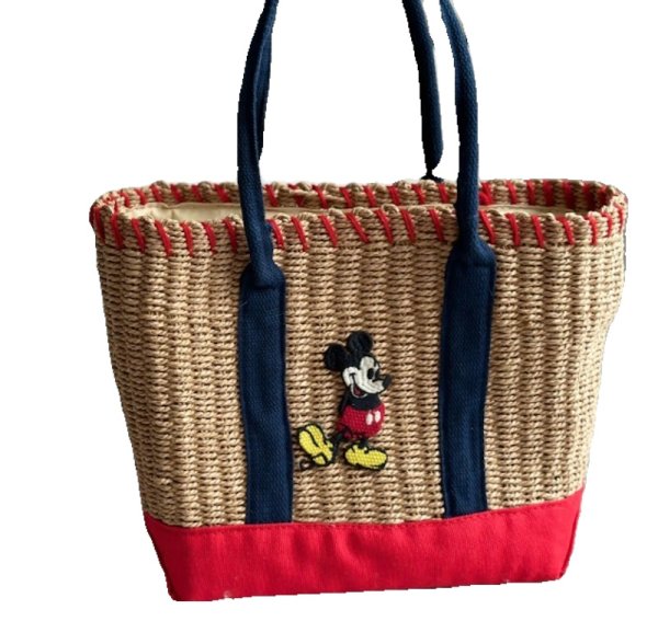 画像1: Mickey Mouse Point Straw  Basket Tote Shoulder Bag　ミッキーマウスミッキーポイントバケットかご籠トートショルダーバッグ (1)