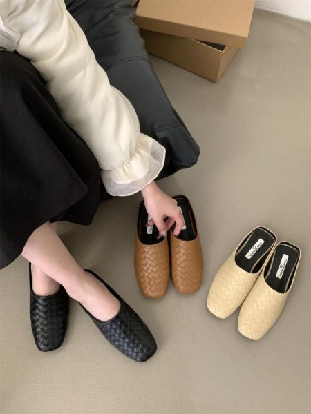 画像14: Women's Mesh woven square toe half sandals slippers  メッシュ編み込みスクエアトゥハーフサンダル スリッパ (14)