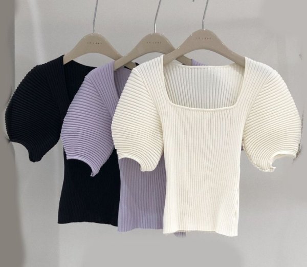 画像4: Women's Puff sleeve square neck short sleeve sweater knit 　パフスリーブスクエアネック半袖セータージャケットプルオーバー (4)