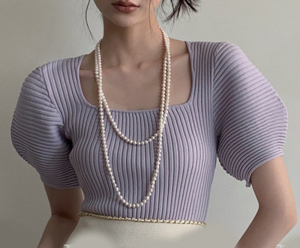 画像8: Women's Puff sleeve square neck short sleeve sweater knit 　パフスリーブスクエアネック半袖セータージャケットプルオーバー (8)