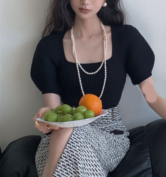 画像5: Women's Puff sleeve square neck short sleeve sweater knit 　パフスリーブスクエアネック半袖セータージャケットプルオーバー (5)