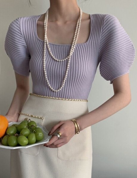 画像3: Women's Puff sleeve square neck short sleeve sweater knit 　パフスリーブスクエアネック半袖セータージャケットプルオーバー (3)