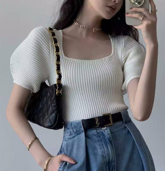 画像2: Women's Puff sleeve square neck short sleeve sweater knit 　パフスリーブスクエアネック半袖セータージャケットプルオーバー (2)