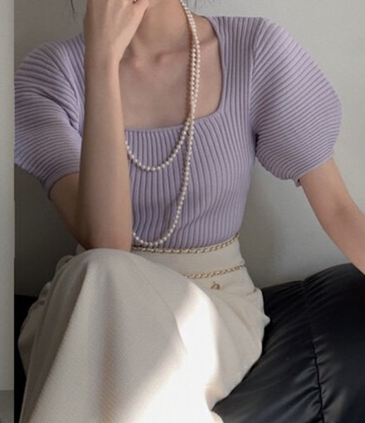 画像9: Women's Puff sleeve square neck short sleeve sweater knit 　パフスリーブスクエアネック半袖セータージャケットプルオーバー (9)