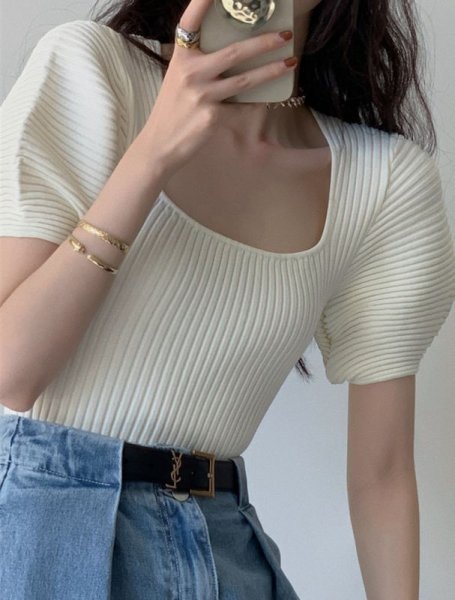 画像6: Women's Puff sleeve square neck short sleeve sweater knit 　パフスリーブスクエアネック半袖セータージャケットプルオーバー (6)