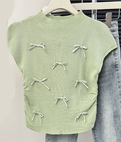 画像6: Women's Satin ribbon French sleeve knit sweater t-shirt 　サテンリボンフレンチスリーブニットセーター t シャツプルオーバー (6)