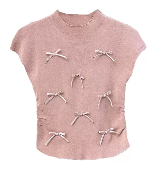 画像1: Women's Satin ribbon French sleeve knit sweater t-shirt 　サテンリボンフレンチスリーブニットセーター t シャツプルオーバー (1)