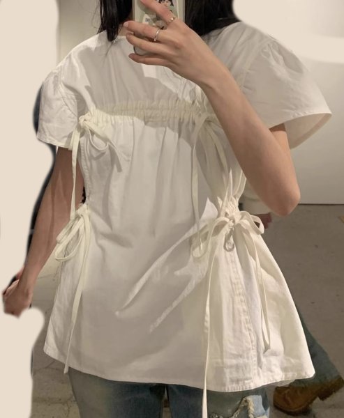 画像3: Women's drawstring pleated lace-up babydoll shirt 　ドローストリングプリーツレースアップベビードールシャツ ブラウス (3)