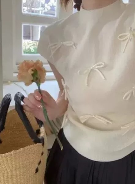 画像18: Women's Satin ribbon French sleeve knit sweater t-shirt 　サテンリボンフレンチスリーブニットセーター t シャツプルオーバー (18)