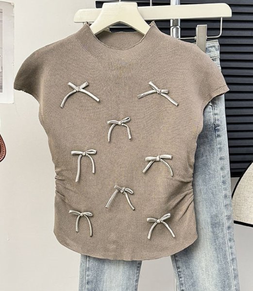 画像7: Women's Satin ribbon French sleeve knit sweater t-shirt 　サテンリボンフレンチスリーブニットセーター t シャツプルオーバー (7)