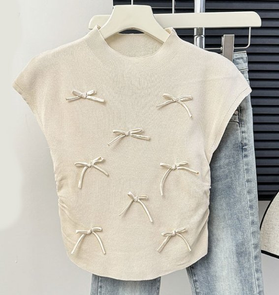 画像9: Women's Satin ribbon French sleeve knit sweater t-shirt 　サテンリボンフレンチスリーブニットセーター t シャツプルオーバー (9)