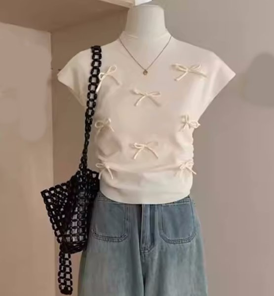 画像17: Women's Satin ribbon French sleeve knit sweater t-shirt 　サテンリボンフレンチスリーブニットセーター t シャツプルオーバー (17)