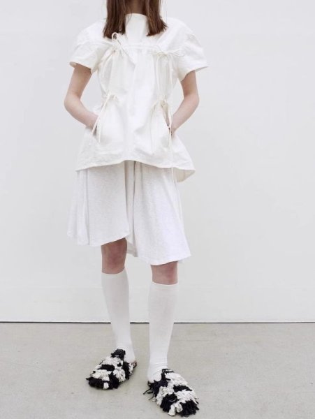 画像2: Women's drawstring pleated lace-up babydoll shirt 　ドローストリングプリーツレースアップベビードールシャツ ブラウス (2)