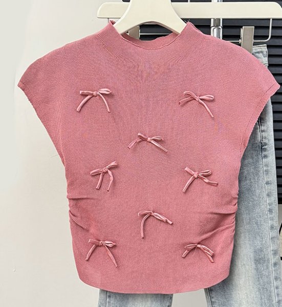 画像8: Women's Satin ribbon French sleeve knit sweater t-shirt 　サテンリボンフレンチスリーブニットセーター t シャツプルオーバー (8)