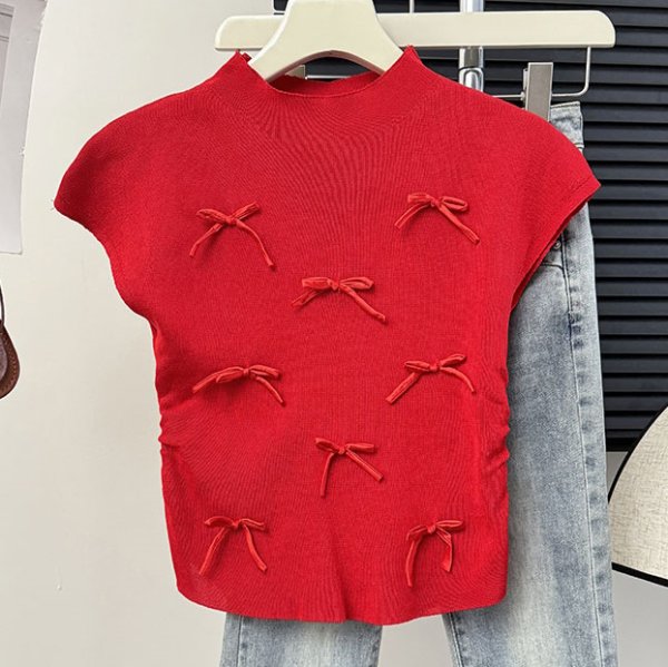 画像5: Women's Satin ribbon French sleeve knit sweater t-shirt 　サテンリボンフレンチスリーブニットセーター t シャツプルオーバー (5)