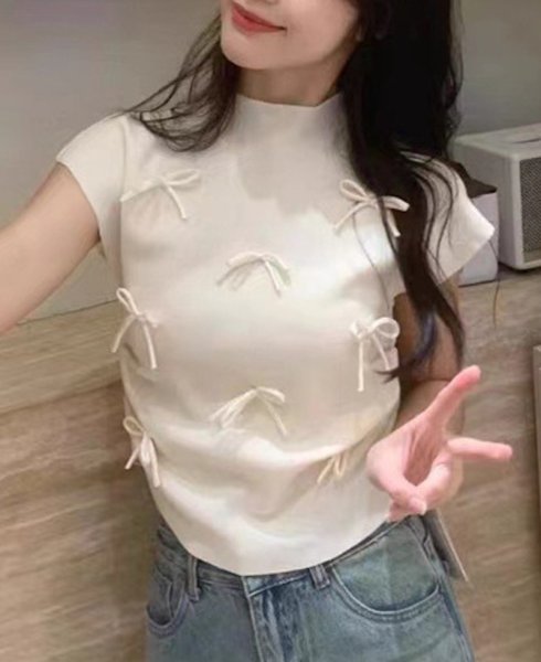 画像16: Women's Satin ribbon French sleeve knit sweater t-shirt 　サテンリボンフレンチスリーブニットセーター t シャツプルオーバー (16)