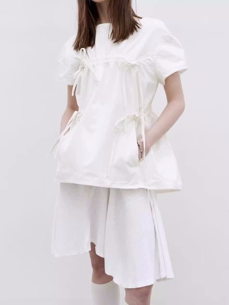 画像1: Women's drawstring pleated lace-up babydoll shirt 　ドローストリングプリーツレースアップベビードールシャツ ブラウス (1)