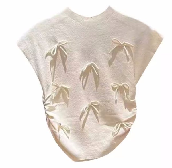 画像2: Women's Satin ribbon French sleeve knit sweater t-shirt 　サテンリボンフレンチスリーブニットセーター t シャツプルオーバー (2)