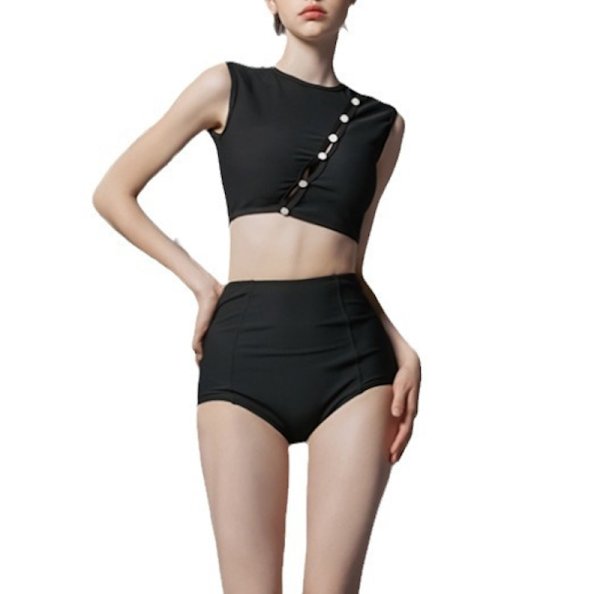 画像2: Women's Button point high waist bikini swimsuit  split bikini 　ボタンポイントハイウエストプリットビキニスイムウエア (2)