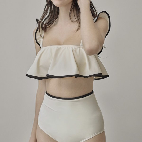 画像1: Women's  Romantic ruffle high waist bikini swimsuit  split bikini 　ロマンラッフルハイウエストプリットビキニスイムウエア (1)