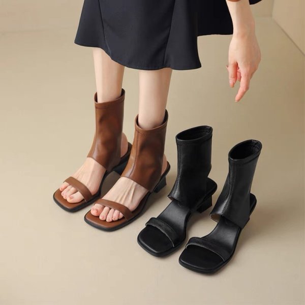 画像7: Thick heel open toe boots sandals pumps Shoes 　レザーオープントゥブーツサンダルパンプス (7)