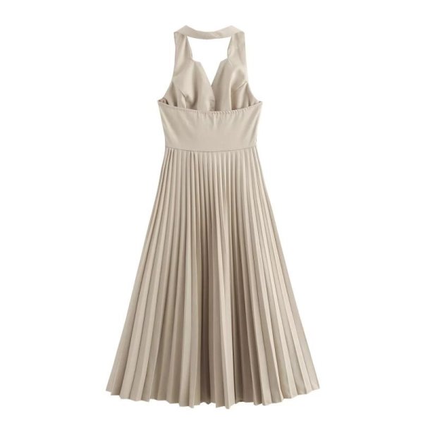 画像2: Women's Halter Neck Pleated Pleated Waist Long Dress One Piece Jumper Skirt 　ホルターネックプリーツプリーツウエストロングドレスワンピースジャンバースカート (2)