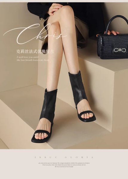画像5: Thick heel open toe boots sandals pumps Shoes 　レザーオープントゥブーツサンダルパンプス (5)